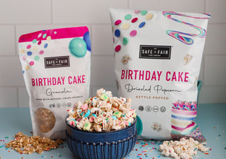SAFE+FAIR BIRTHDAY CAKE GRANOLA & BIRTHDAY CAKE DRIZZLED POPCORN