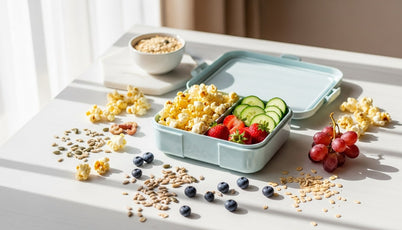 An open bento lunchbox packed with nut-free snacks including popcorn, strawberries, and cucumber on a sunlit table