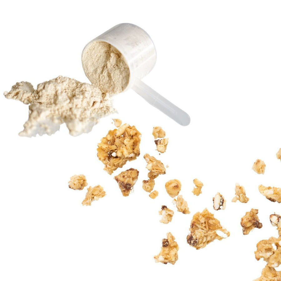 vanilla protein scoop and chocolate chip cookie dough granola