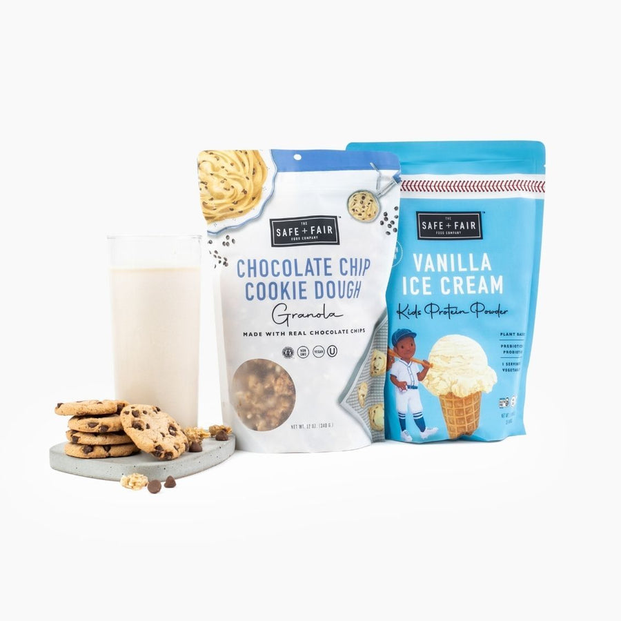 cookie and milk with kids protein and chocolate chip cookie dough granola