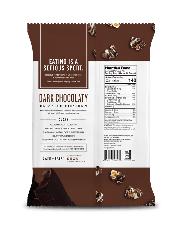 Safe + Fair Dark Chocolaty Drizzled Popcorn, peanut- and tree-nut-free
