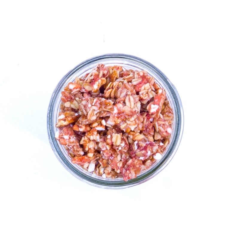 glass with strawberry shortcake granola