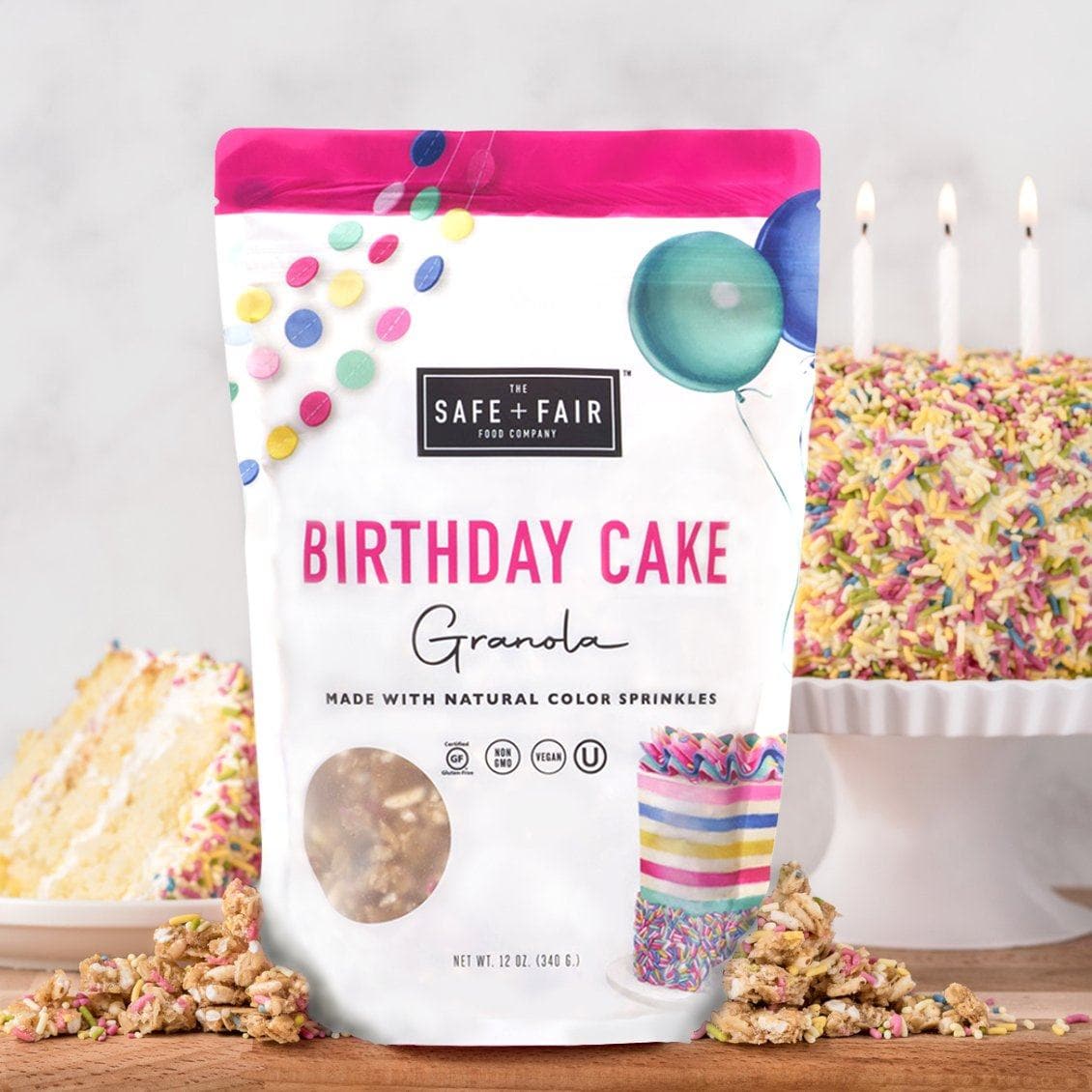 birthday cake granola bag on table with cake