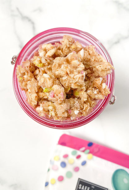 birthday cake granola in pink cup